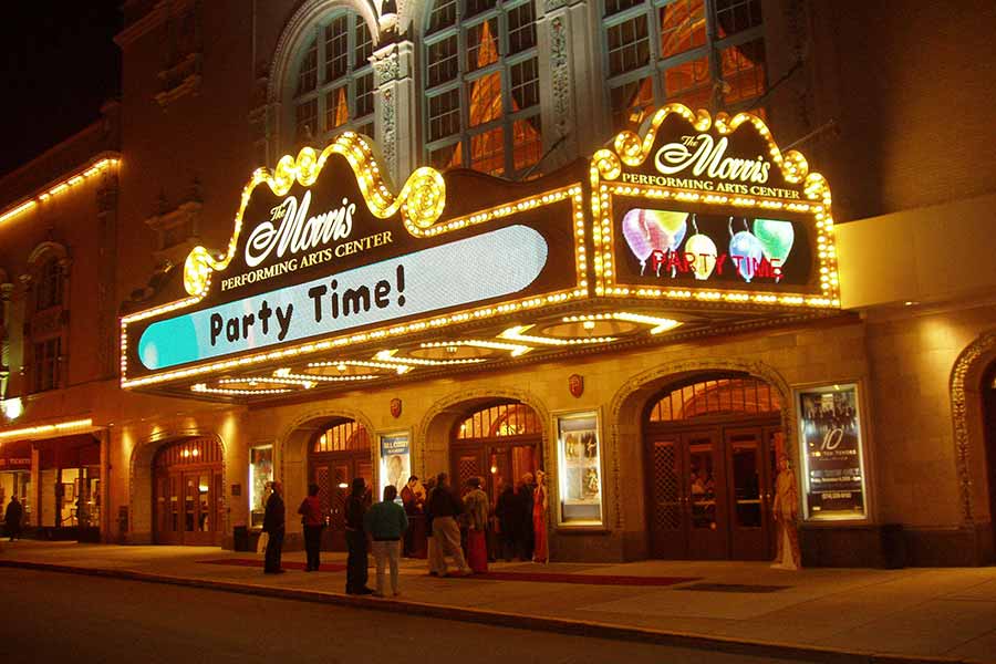 Morris Performing Arts Center marquee at night