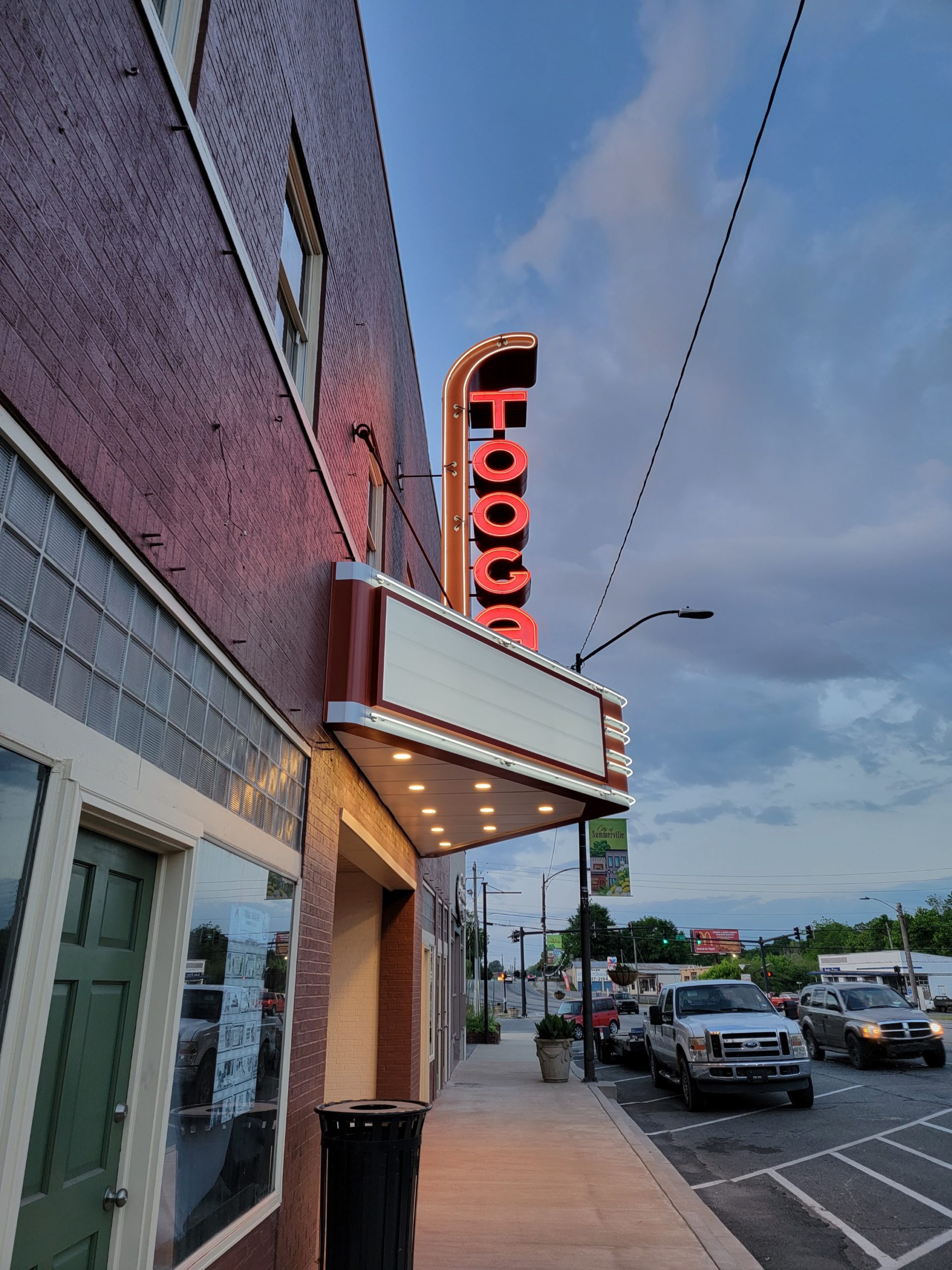 Marquee sign for Tooga Theatre in Summerville, GA done by Wagner Electric Sign Co.
